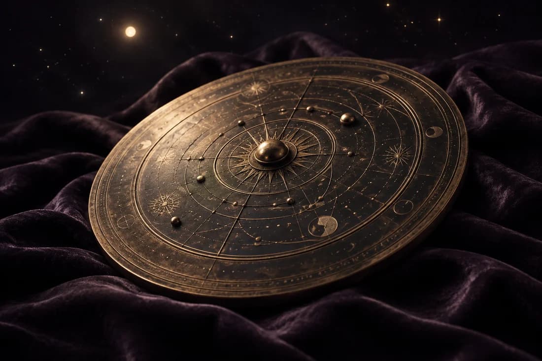 An engraved brass celestial dial resting on dark plum silk